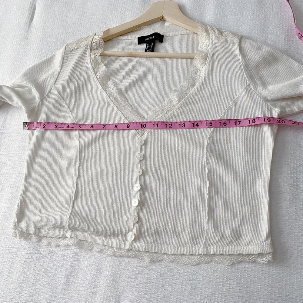 Off White Ribbed Lace Trimmed Cropped Top